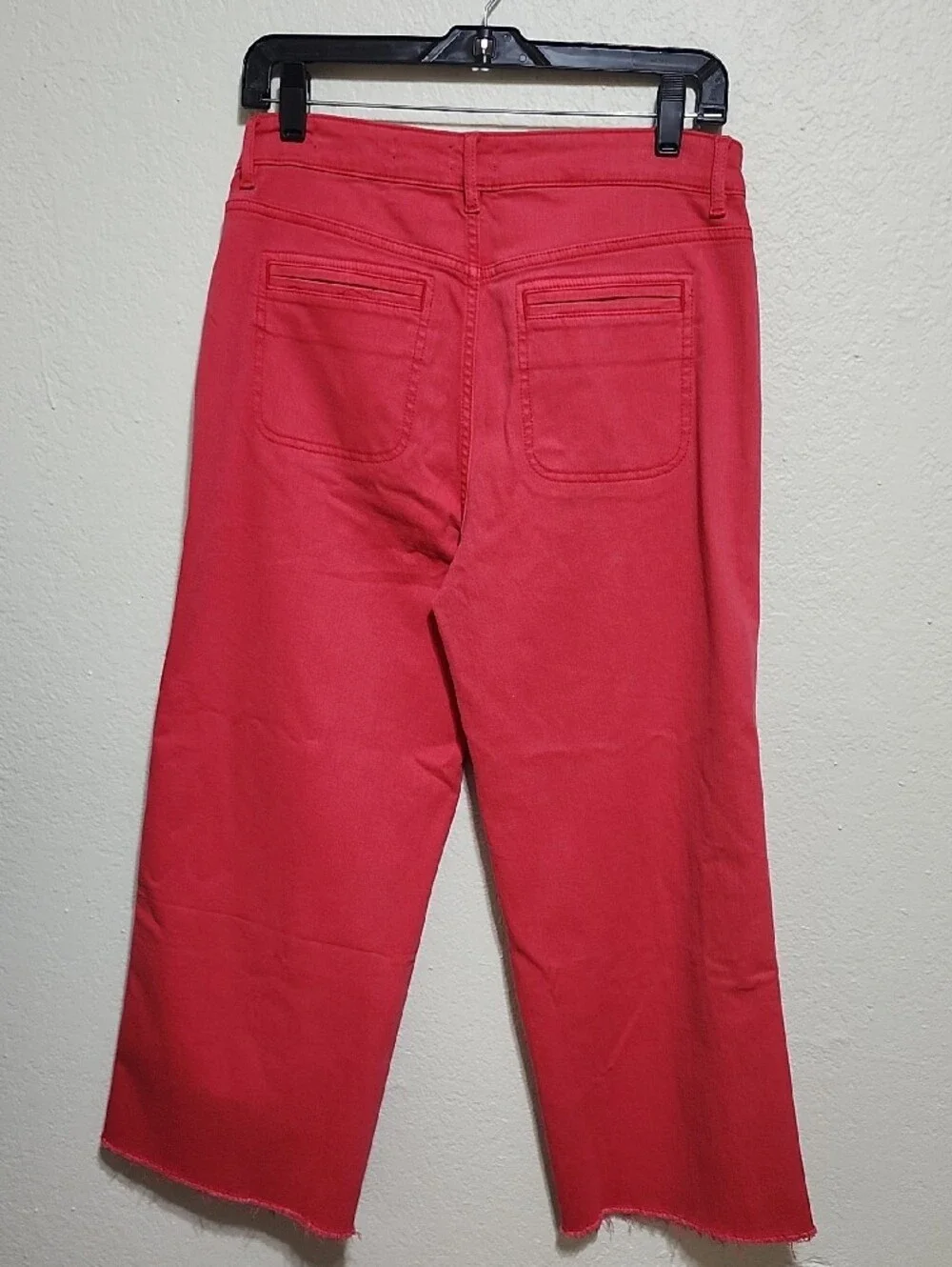 J. Jill Wide-Leg Cropped Denim Pants Red Coral Patch Pocket Sz 6R Fringe Hem